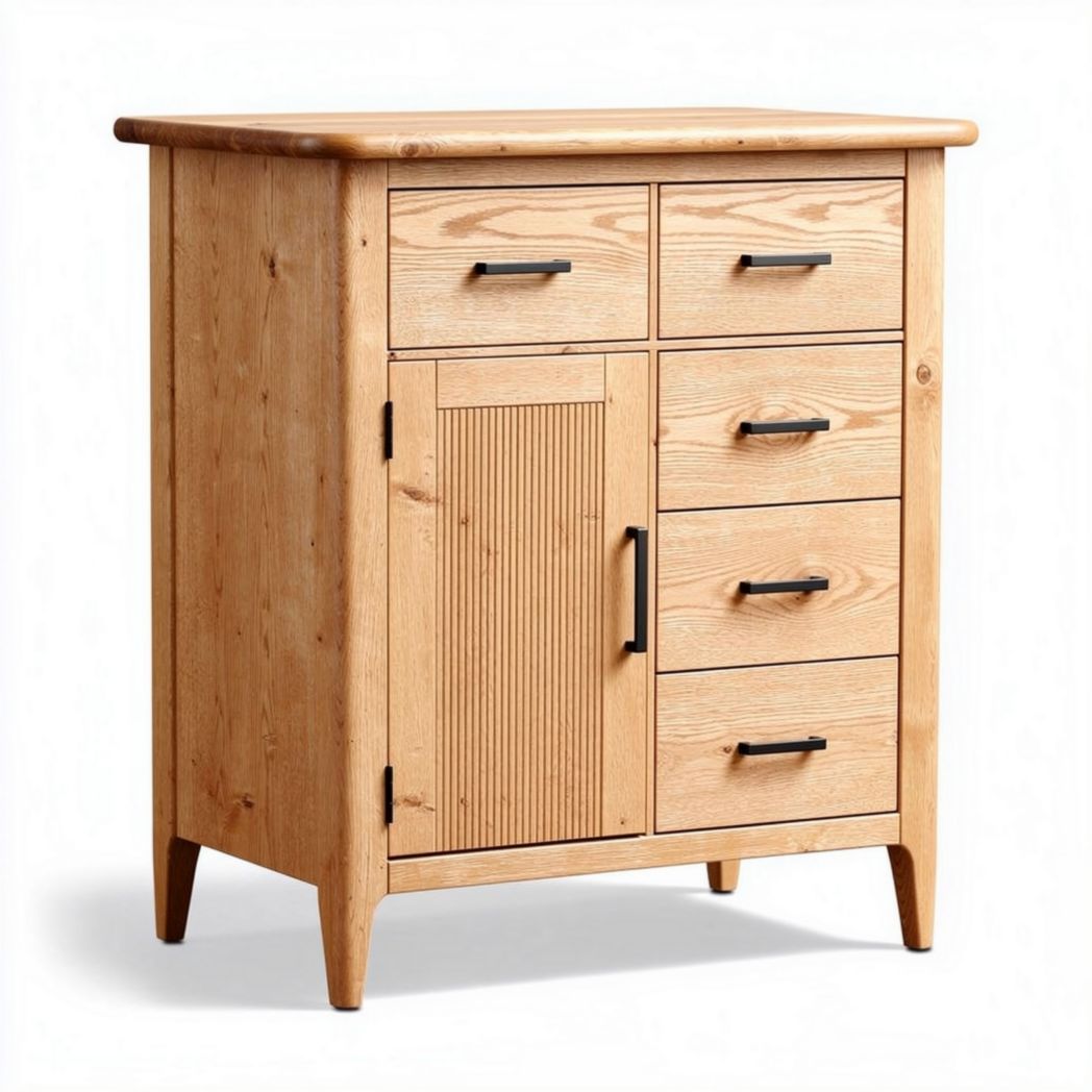 Cômoda de madeira de pinho natural com seis gavetas e prateleira 80 x 45 x 90cm