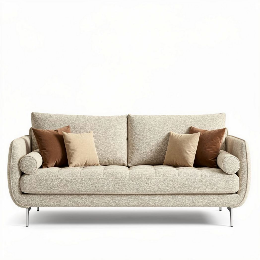 Sofá de tecido bege com almofadas decorativas 200 x 90 x 85cm
